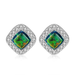 Aetolia 925 Sterling Silver Opal Earrings Halo CZ Diamond Square Opal Stud Earrings SE0238