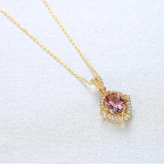 Aetolia 925 Sterling Silver 18K Gold Plated Oval Pink Gemstone Halo CZ Diamond Pendant Necklace SN0130