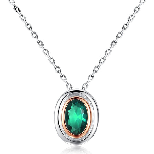 Aetolia 925 Sterling Silver 18K Gold Plated Two Tones Rose Gold Oval Green Gemstone Pendant Necklace SN0122