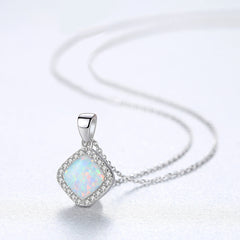 Aetolia 925 Sterling Silver Opal Necklace Square Halo CZ Diamond Opal Pendant Necklace SN0276