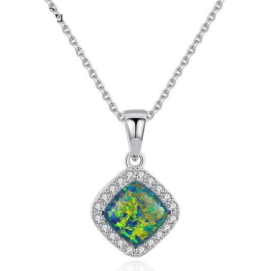 Aetolia 925 Sterling Silver Opal Necklace Square Halo CZ Diamond Opal Pendant Necklace SN0276