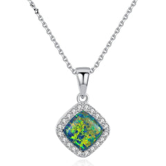 Aetolia 925 Sterling Silver Opal Necklace Square Halo CZ Diamond Opal Pendant Necklace SN0276