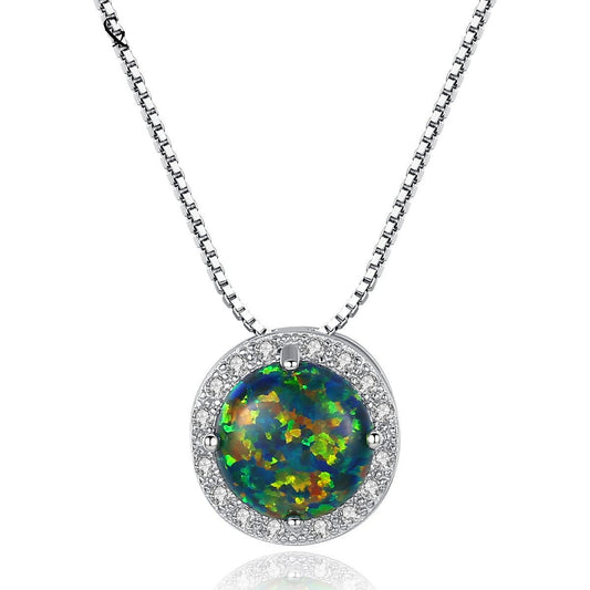Aetolia 925 Sterling Silver Opal Necklace Round Halo CZ Diamond Opal Pendant Necklace SN0277