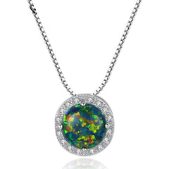 Aetolia 925 Sterling Silver Opal Necklace Round Halo CZ Diamond Opal Pendant Necklace SN0277