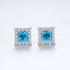 Aetolia 925 Sterling Silver 18K Gold Plated Square Blue Gemstone Halo CZ Diamond Stud Earrings SE0121