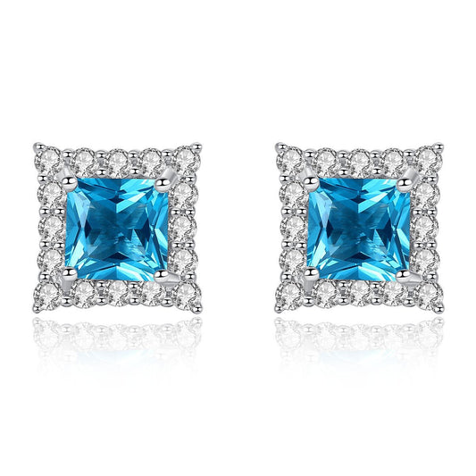 Aetolia 925 Sterling Silver 18K Gold Plated Square Blue Gemstone Halo CZ Diamond Stud Earrings SE0121