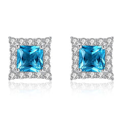 Aetolia 925 Sterling Silver 18K Gold Plated Square Blue Gemstone Halo CZ Diamond Stud Earrings SE0121