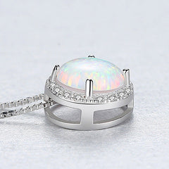 Aetolia 925 Sterling Silver Opal Necklace Round Halo CZ Diamond Opal Pendant Necklace SN0277