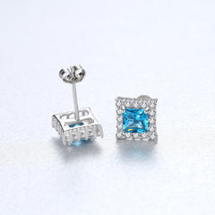 Aetolia 925 Sterling Silver 18K Gold Plated Square Blue Gemstone Halo CZ Diamond Stud Earrings SE0121