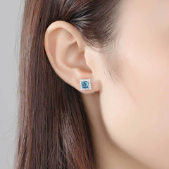 Aetolia 925 Sterling Silver 18K Gold Plated Square Blue Gemstone Halo CZ Diamond Stud Earrings SE0121
