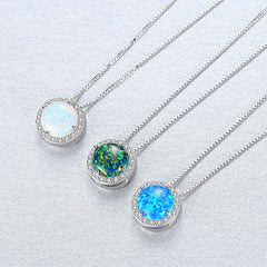 Aetolia 925 Sterling Silver Opal Necklace Round Halo CZ Diamond Opal Pendant Necklace SN0277