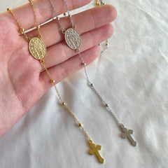 Aetolia Boho S925 Silver Long Y-Necklace Jewelry Religious Mini Catholic Virgin Mary Cross Pendant Layered Necklace For Women
