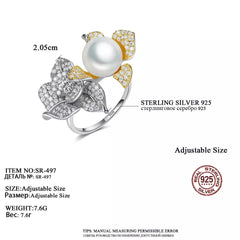 Aetolia 925 Sterling Silver Natural Freshwater Pearl Rings Double Gold Plated Flower Adjustable Open Ring SR-497