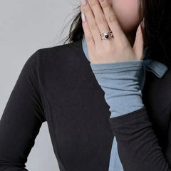 Aetolia Exquisite In Stock S925 Sterling Silver Ring Double Layer Simple Style Black Agate Onyx Open Adjustable Rings For Women