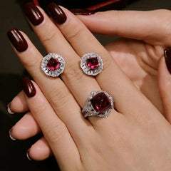 Aetolia Fast Delivery Princess Diamond Ring S925 Silver Custom Cz Cubic Zirconia Red Sugar Loaf Stone Earring Rings Jewelry Sets Women