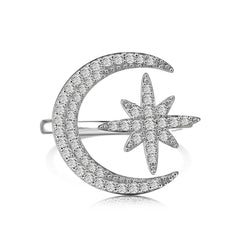 Aetolia High Quality Trendy Cubic Zirconia Crescent Moon And Star Ring 925 Sterling Silver 18K Gold Adjustable Rings Jewelry Women