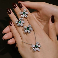 Aetolia Wholesale Price 925 Silver Ring Cubic Zircon Diamond Flower Emerald Rings Necklace Earring Women Green Butterfly Bow Jewelry Set