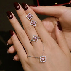 Aetolia Iced Out Hollow Out Pink Yellow Cz 925 Sterling Silver Ring Lucky Four Leaf Clover Rings Necklace Stud Earrings Jewelry Set