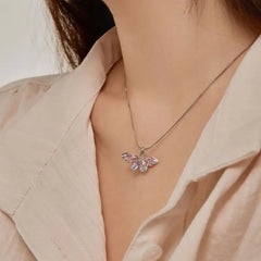 Aetolia Exquisite Pink Dragonfly Pendants For Women Necklace Hollow Butterfly Snake Chain Link Colourful Cubic Zirconia Necklaces