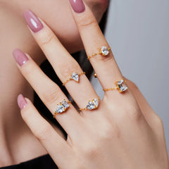 Aetolia 925 Silver Square Bead Heart Shape Zircon Green Emerald Ring Adjustable Chain 18K Gold Plated Link Chain Rings For Women