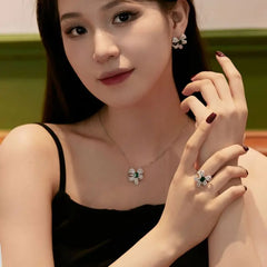 Aetolia Wholesale Price 925 Silver Ring Cubic Zircon Diamond Flower Emerald Rings Necklace Earring Women Green Butterfly Bow Jewelry Set