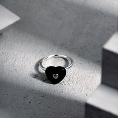 Aetolia Jewelry Manufacturer Simple Metallic Style Rhodium Plated Sterling 925 Silver Black Heart Ring For Women