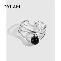 Aetolia Exquisite In Stock S925 Sterling Silver Ring Double Layer Simple Style Black Agate Onyx Open Adjustable Rings For Women