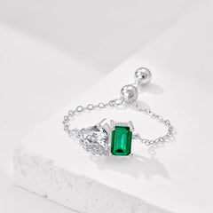 Aetolia 925 Silver Square Bead Heart Shape Zircon Green Emerald Ring Adjustable Chain 18K Gold Plated Link Chain Rings For Women