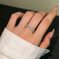 Aetolia Light Luxury S925 Silver Crushed Ice Out Ring Band Daily Sweet Beauty Pink Cubic Zirconia Love Heart Rings Jewelry Women