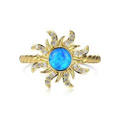 Aetolia Wholesale Finger Jewelry 925 Sterling Silver Blue Opal Ring Cubic Zirconia Stone 18K Gold Plated Sun Shape Ring For Women