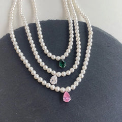 Aetolia Custom Logo Aetolia New Waterproof Jewelry Pearl Chain Drop Charm Cz Cubic Zirconia Pink Emerald Pendant Necklaces For Women