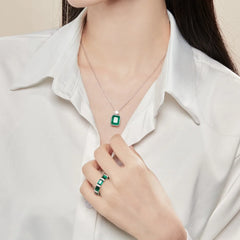 Aetolia Classic 925 Sterling Silver Chain Square Green Pendants Cubic Zirconia Iced Out Lab Grown Emeralds Pendant Necklaces For Women