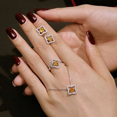 Aetolia Iced Out Hollow Out Pink Yellow Cz 925 Sterling Silver Ring Lucky Four Leaf Clover Rings Necklace Stud Earrings Jewelry Set