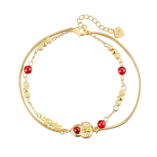 Aetolia Wholesale Price 925 Sterling Silver Double Layer Chain Link 22K Gold Plated Chalcedony Garnet Gourd Bracelets For Women