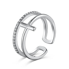 Aetolia Simple New Design Solid 925 Sterling Silver ring 18k Rose Gold Plating Double Row 5A Diamond Zirconia Cross Open Rings for women