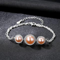 Aetolia 925 Sterling Silver Natural Freshwater Pearl Bracelet 3 Pearls Halo CZ Diamond Chain Bracelet FB0003