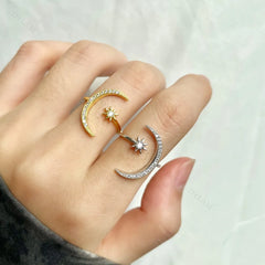 Aetolia Fashion Design 925 Sterling Silver Jewelry Gold Plated Moon Star Rings Open Adjustable Fine Rings