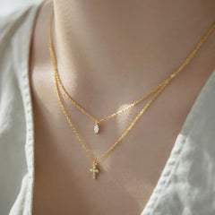 Aetolia Cross Charm Cubic Zirconia Necklace Double Deck Chain Jewelry 18K Gold Plated 925 Sterling Silver Layer Necklaces For Women