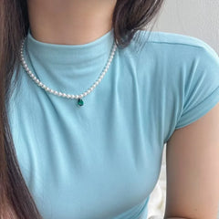 Aetolia Custom Logo Aetolia New Waterproof Jewelry Pearl Chain Drop Charm Cz Cubic Zirconia Pink Emerald Pendant Necklaces For Women