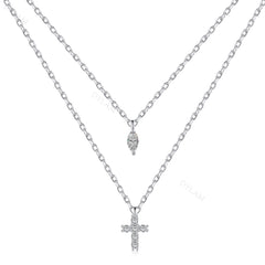 Aetolia Cross Charm Cubic Zirconia Necklace Double Deck Chain Jewelry 18K Gold Plated 925 Sterling Silver Layer Necklaces For Women