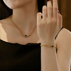 Aetolia Classic Emerald Bracelet Charm Square Pendant Necklace Cubic Zirconia 925 Silver Hiphop Tennis Bracelets Chain Link Jewelry Set