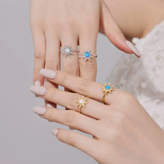 Aetolia Wholesale Finger Jewelry 925 Sterling Silver Blue Opal Ring Cubic Zirconia Stone 18K Gold Plated Sun Shape Ring For Women