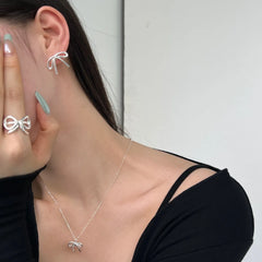 Aetolia 2024 New Design Bowknot Shape Rings For Women Open S925 Sterling Silver Ring Earring Necklace Jewelry Set Wholesale Gifts