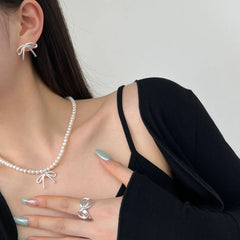 Aetolia 2024 New Design Bowknot Shape Rings For Women Open S925 Sterling Silver Ring Earring Necklace Jewelry Set Wholesale Gifts