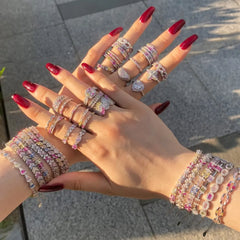 Aetolia Boho Rainbow Pink Stone Adjustable S925 Sterling Silver Bracelet For Women Cubic Zircon Tennis Bracelets Rings Jewelry Set