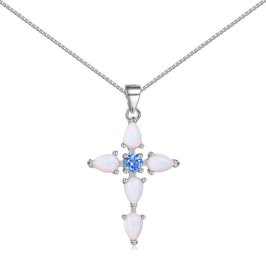 Aetolia Cz Zirconia Blue Fire Opal Cross Pendant Necklaces For Women S925 Silver Lucky Long Chain 18K Gold Plated Necklace Female