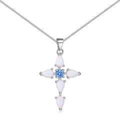 Aetolia Cz Zirconia Blue Fire Opal Cross Pendant Necklaces For Women S925 Silver Lucky Long Chain 18K Gold Plated Necklace Female