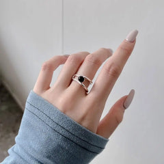 Aetolia Classic Design Black Onyx S925 Sterling Silver Ring Double Band Simple Agate Open Adjustable Rings Jewelry Women