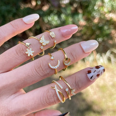 Aetolia Shiny Heart Star Moon Butterfly Design 18K Gold Plated Adjustable Openings Ring 925 Sterling Silver Rings Jewelry Women