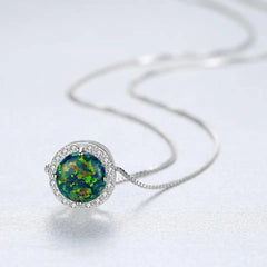 Aetolia 925 Sterling Silver Opal Necklace Round Halo CZ Diamond Opal Pendant Necklace SN0277